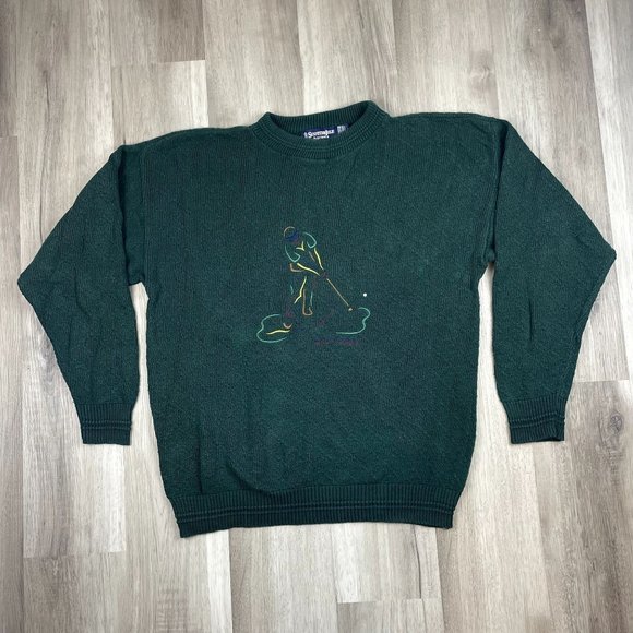 Vintage Scottish Isle Bernette Hand Framed Green Golf Embroidered Sweater USA XL - Picture 4 of 6